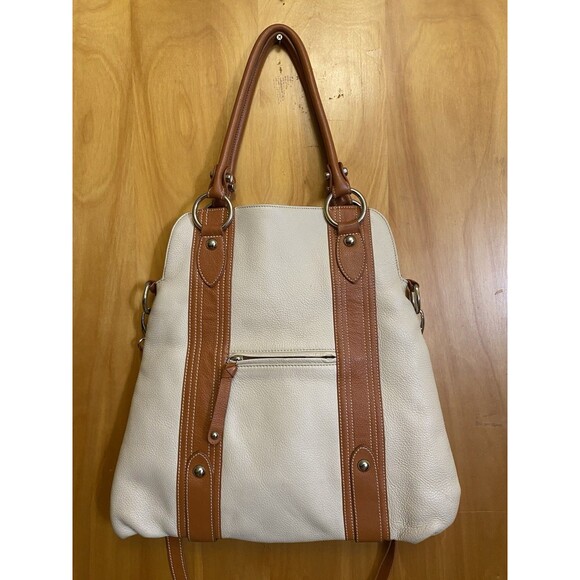 Cream and Brown  Genuine Leather Tote Shoulder Purse Bag - Picture 14 of 16